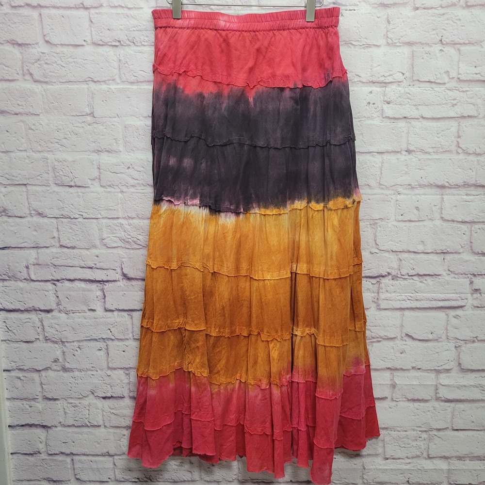 Boho Tiered Maxi Skirt in Pink, Purple & Mustard